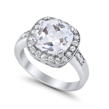 Halo Wedding Ring Cushion Cut Simulated CZ 925 Sterling Silver
